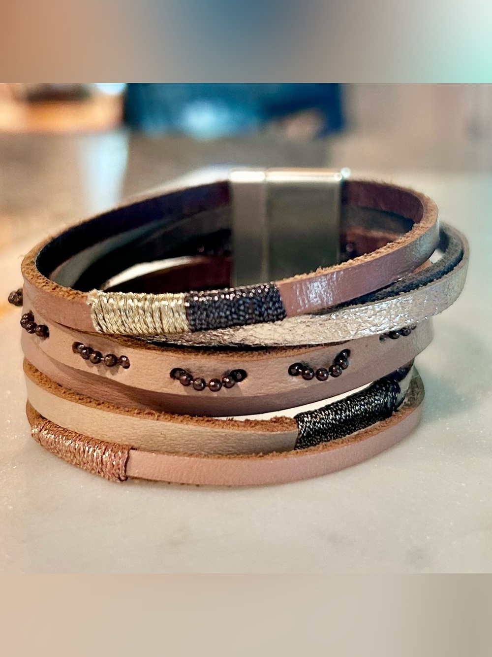 Multi-Strand Leather Wrap Bracelet with Metallic and Bead Accents